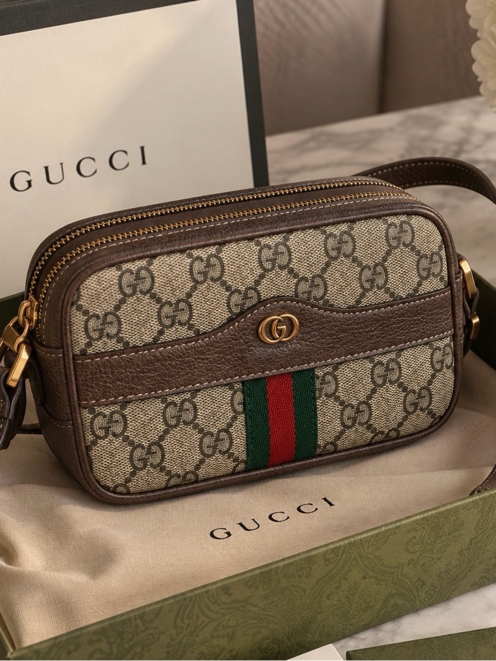 Gucci Brown GG Supreme Canvas Crossbody with Green-Red Web
